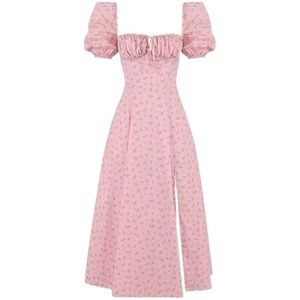 House of Cb LIKE Pink Puff Sleeve Cotton Midi Dress with mini florals